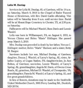 Obituary for Leila M. Dunlap